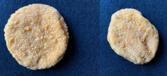 Figure 3. The chicken patty that is on the right is not circular compared to the one on the left. The shape/size would be listed as the defect.