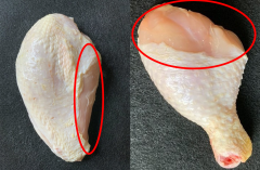 Figure 2. Grade B parts (breast quarter without wing on the left and drumstick on the right) because of excessive skin trim along the edges (more than 1/4 inch but less than 1/3rd of the part).